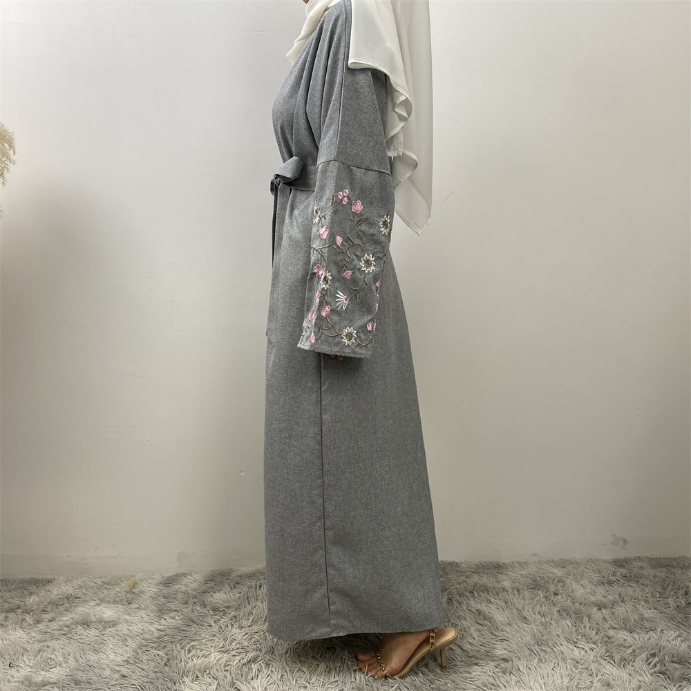 Peach Blossom Cotton Hemp Embroidery Abaya