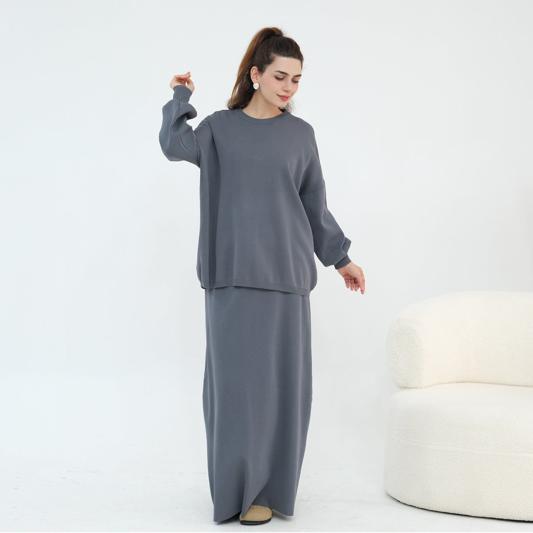 Thickened Knitted Solid Color Dress Set