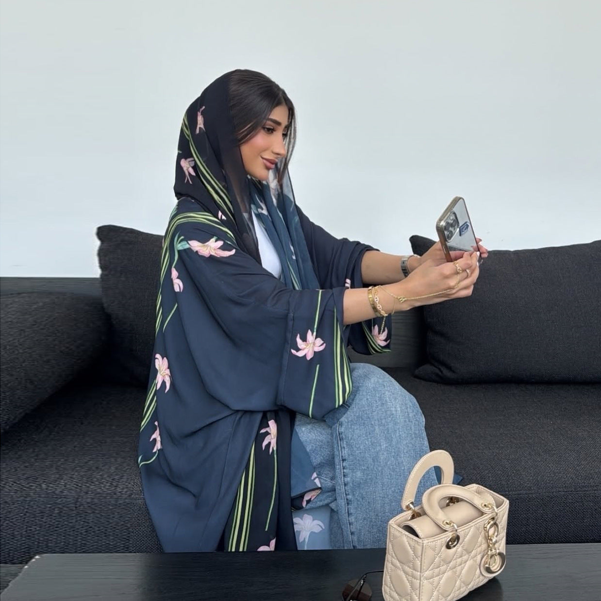 Black Floral Print Open Abaya