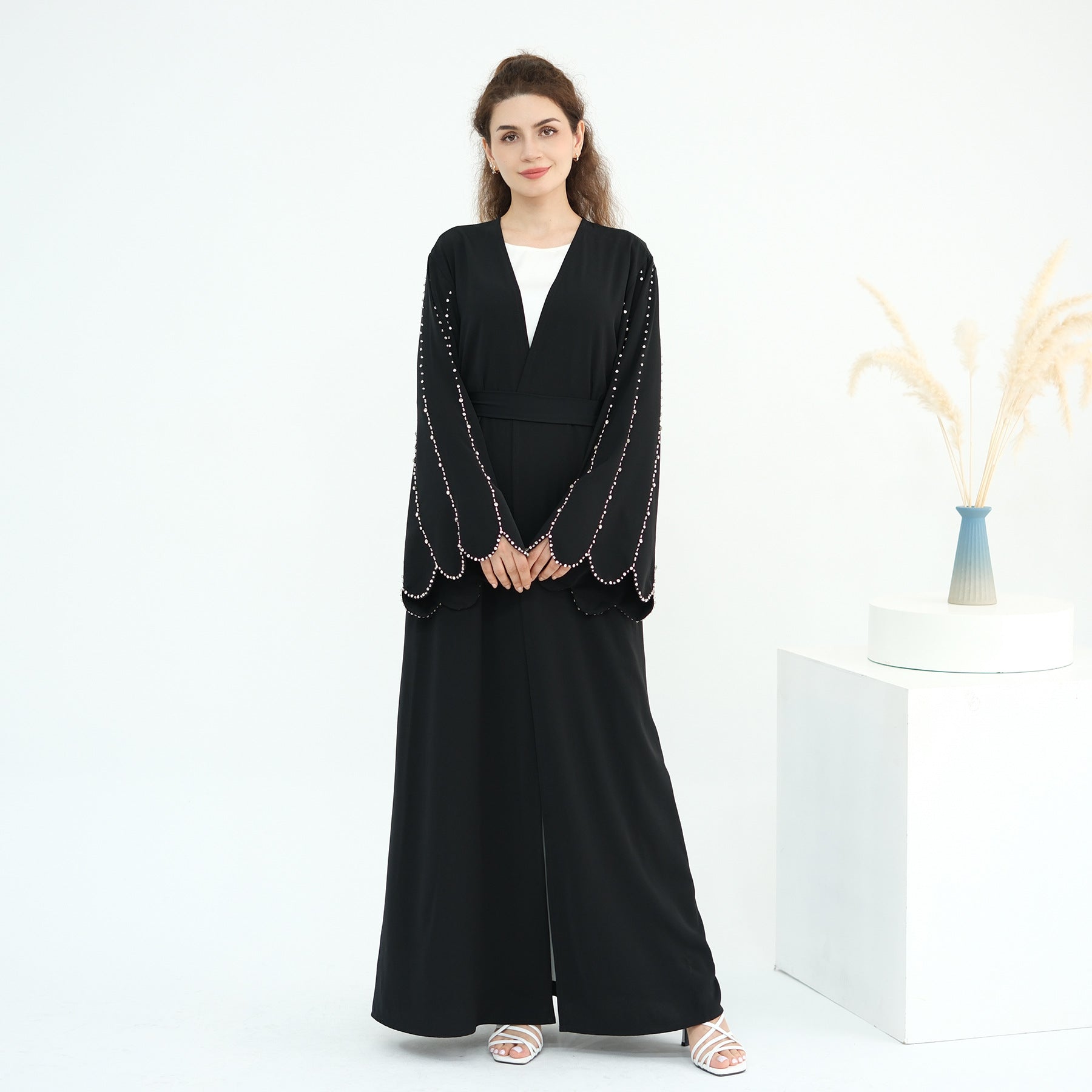 Beaded Line Trimmed Open Front Abaya