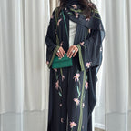 Black Floral Print Open Abaya