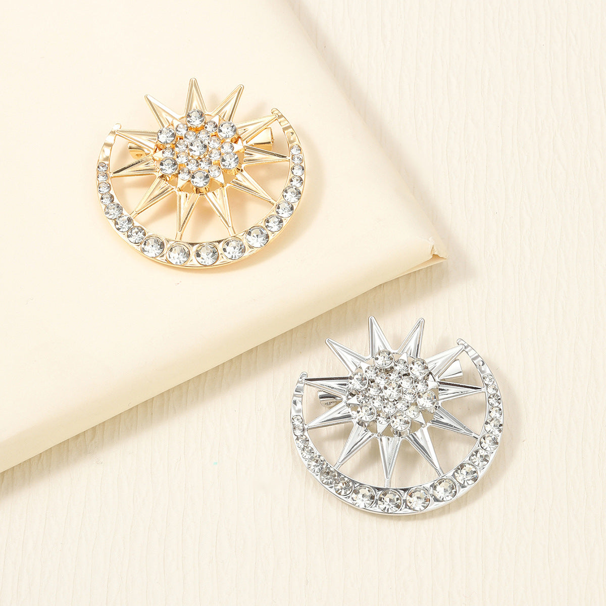 Star and Moon Rhinestone Brooch