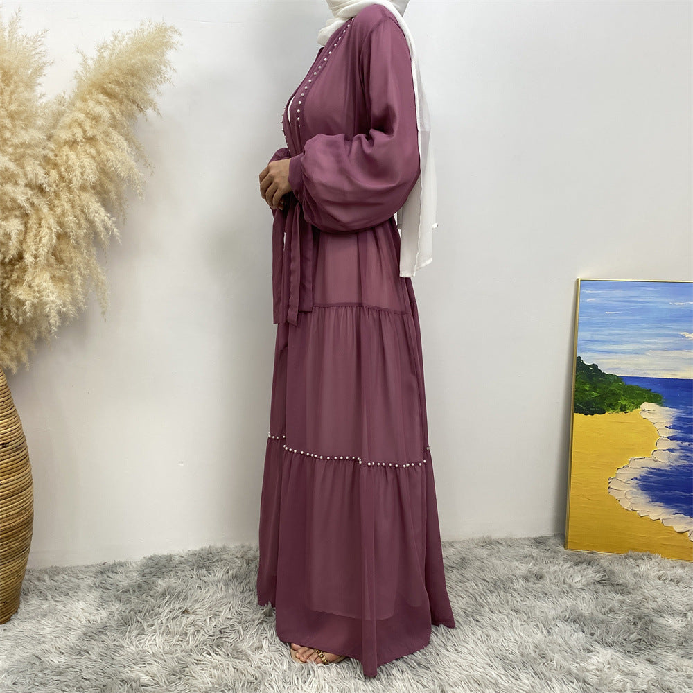 Tulle Nail Bead Chiffon Open Abaya