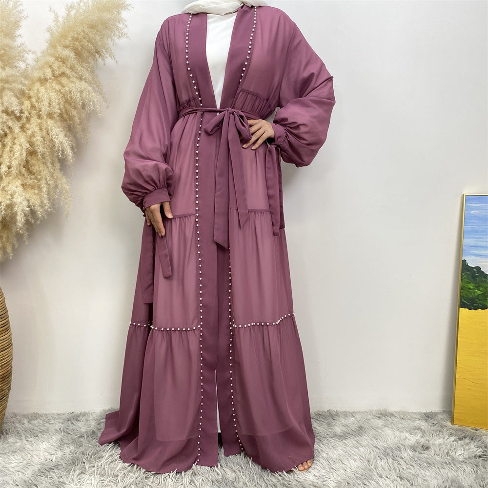 Tulle Nail Bead Chiffon Open Abaya