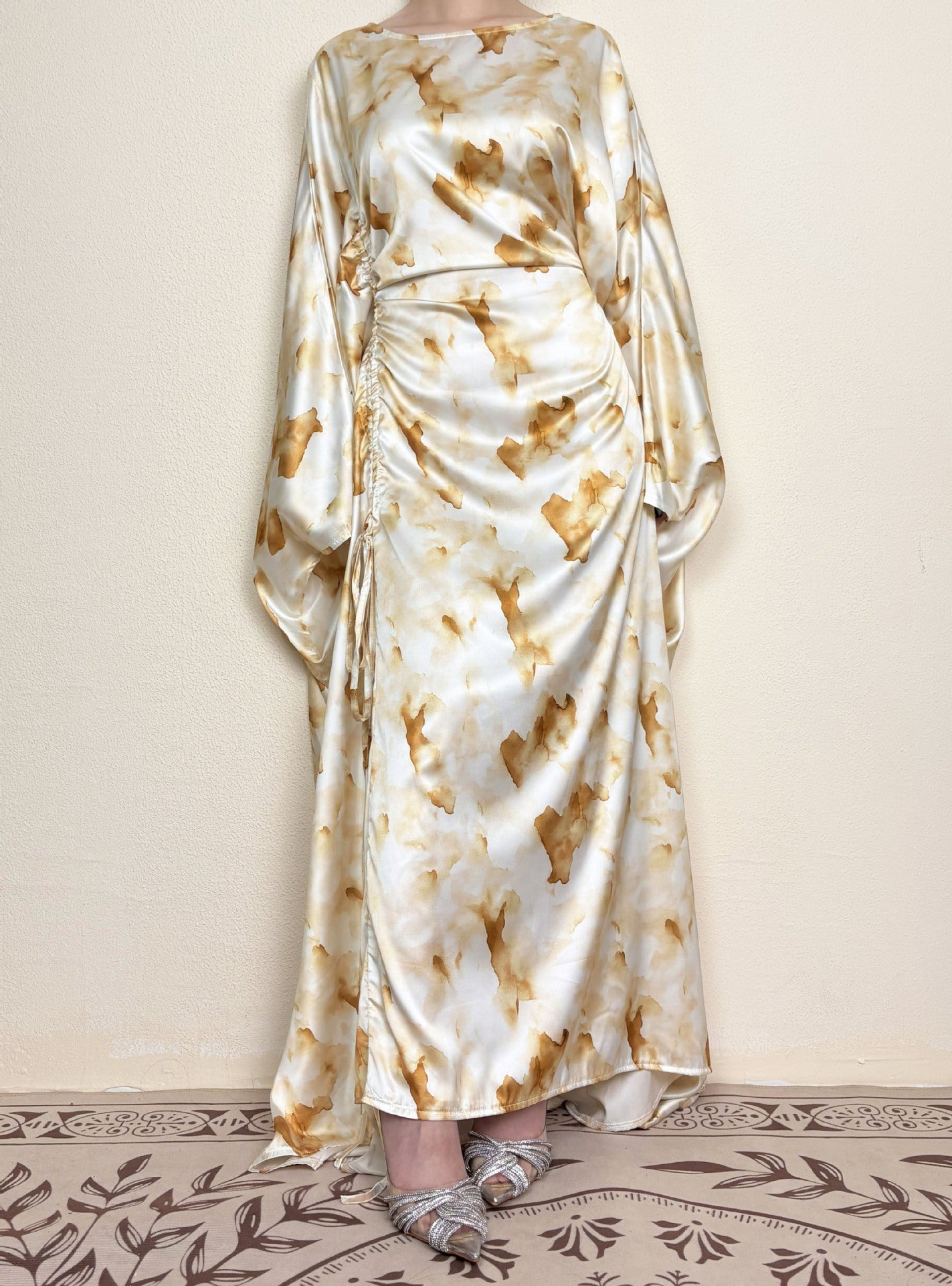 Yellow Waist-Cinched Printed Abaya