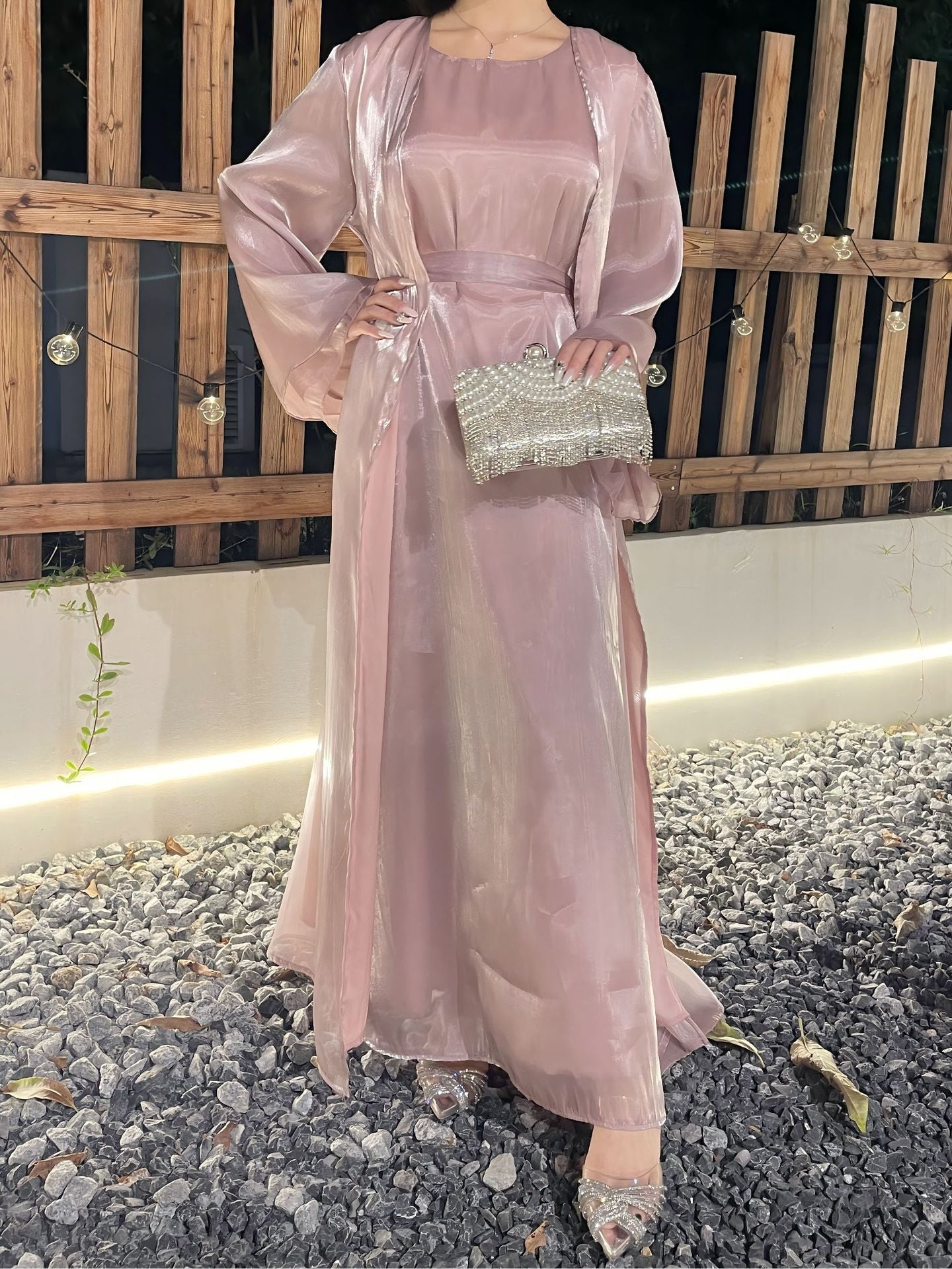 2 Pcs Dress Shiny Silk Abaya