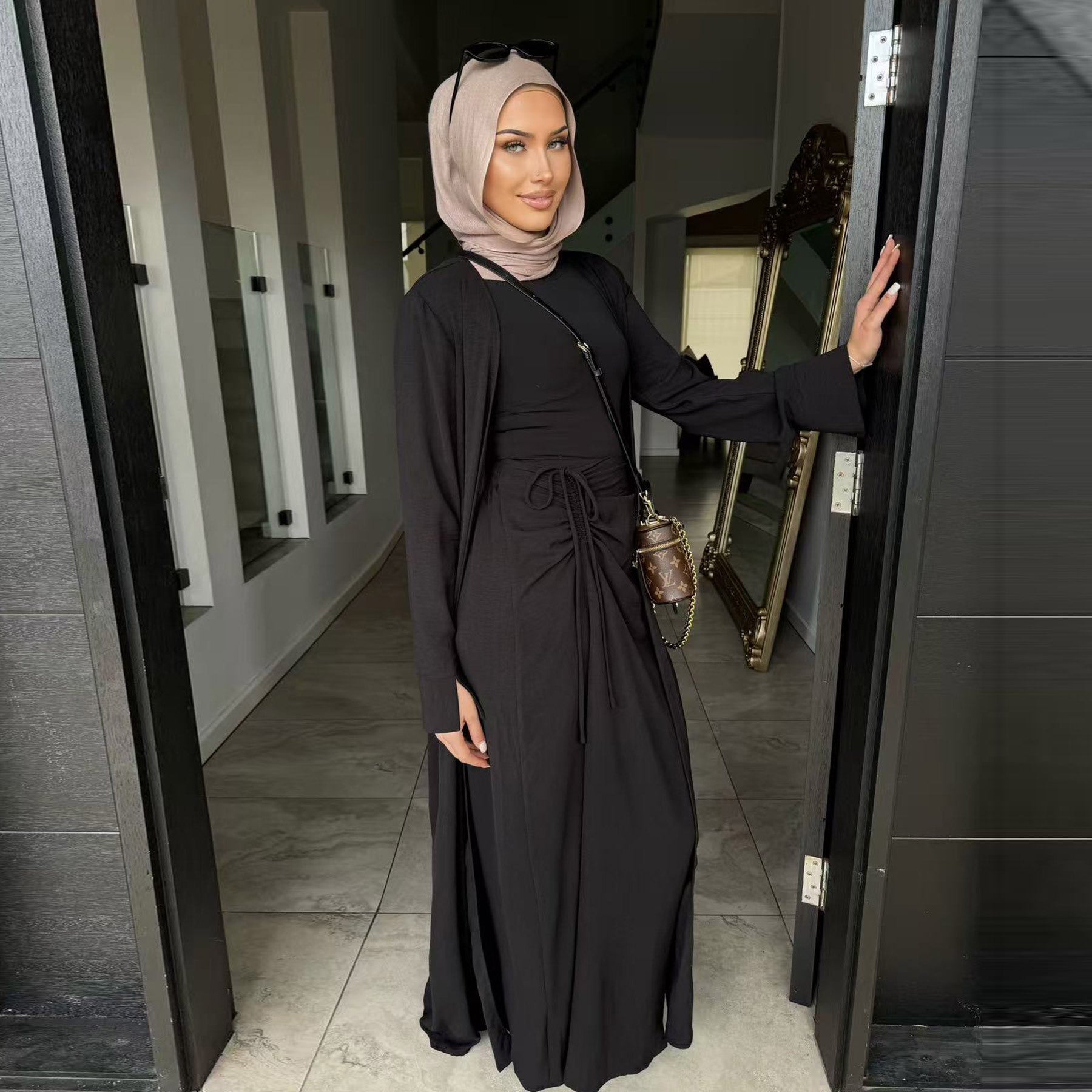 2 Pcs Abaya Solid Color Cardigan and Skirt