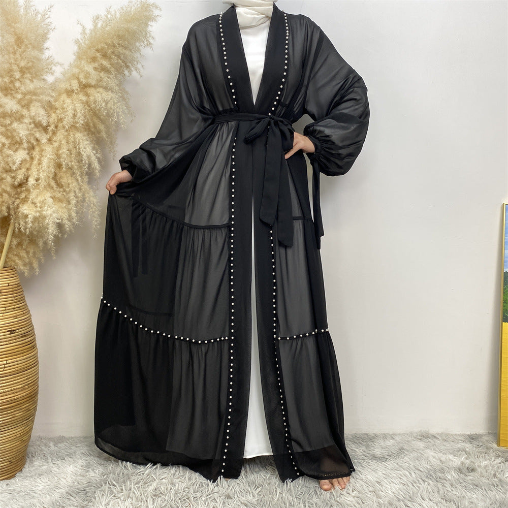 Tulle Nail Bead Chiffon Open Abaya