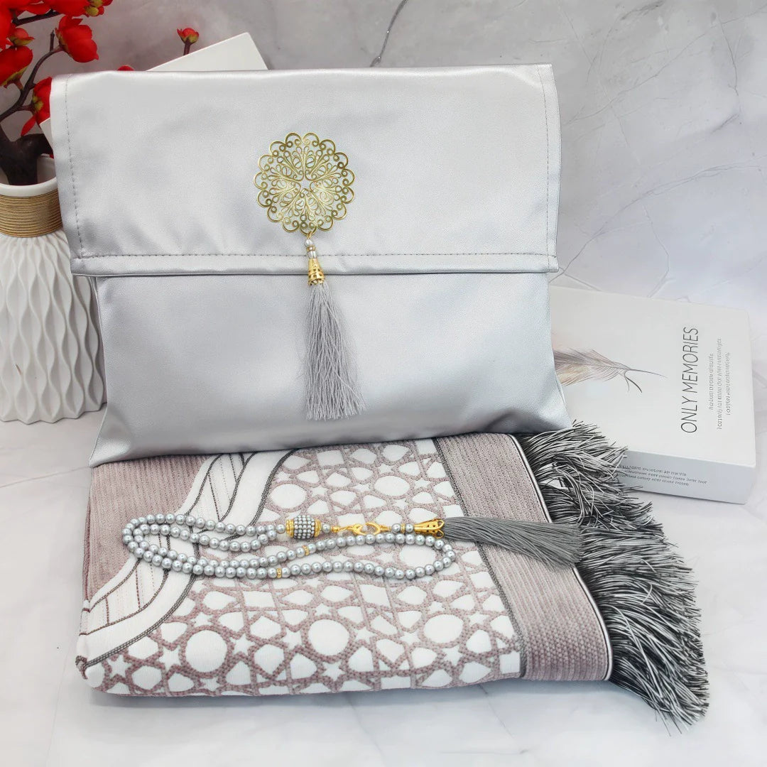 Ramadan Portable Prayer Rug with Fabric Bag - E Grey