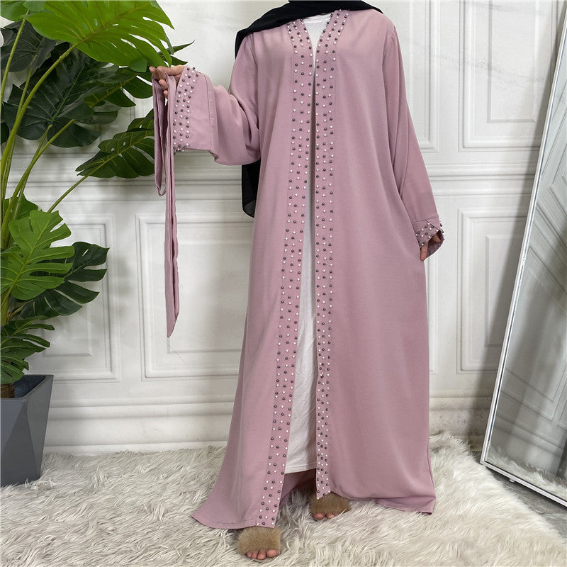 Elegant Pure Color Bead Strap Open Abaya