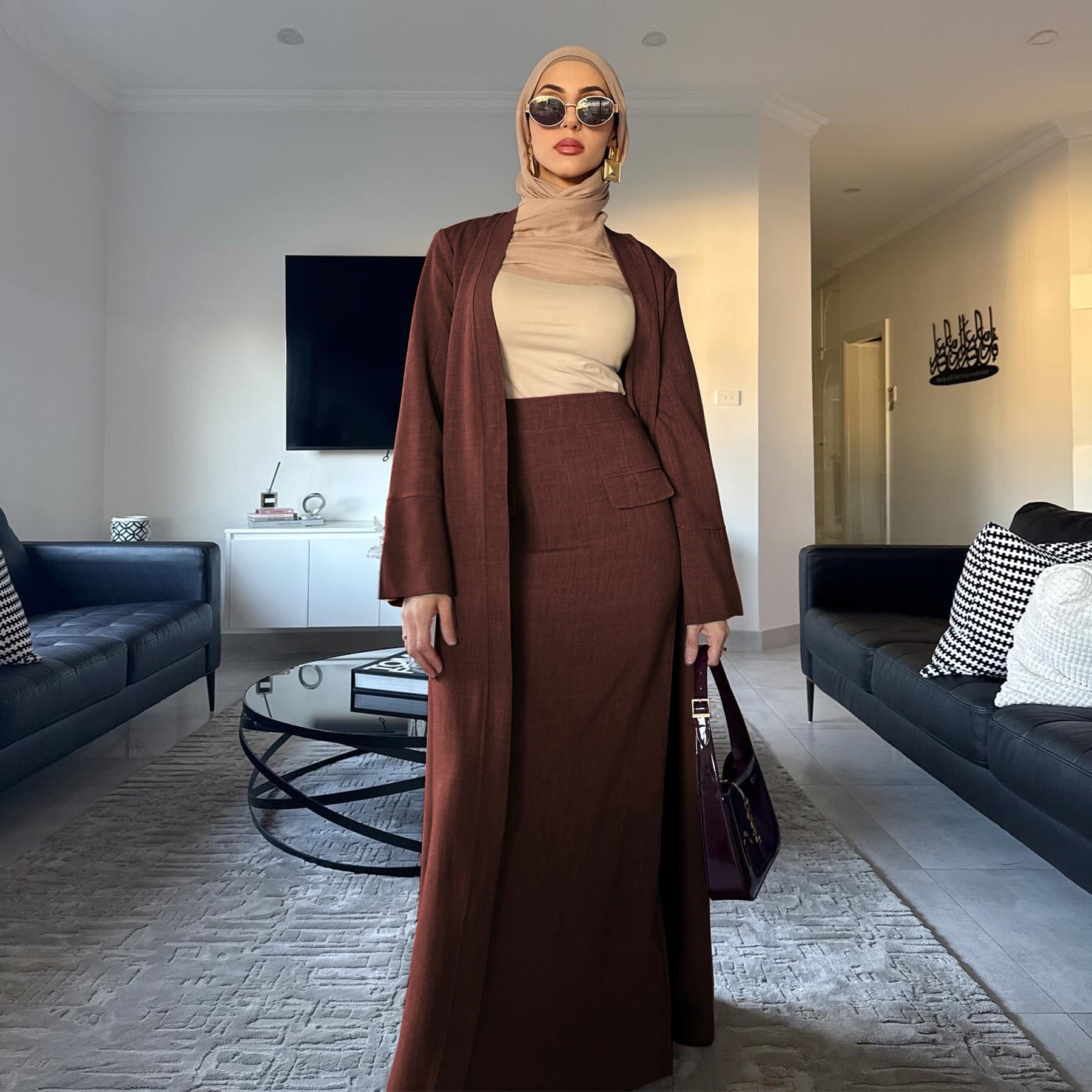 Solid Color Cardigan + Skirt 2PCS Abaya