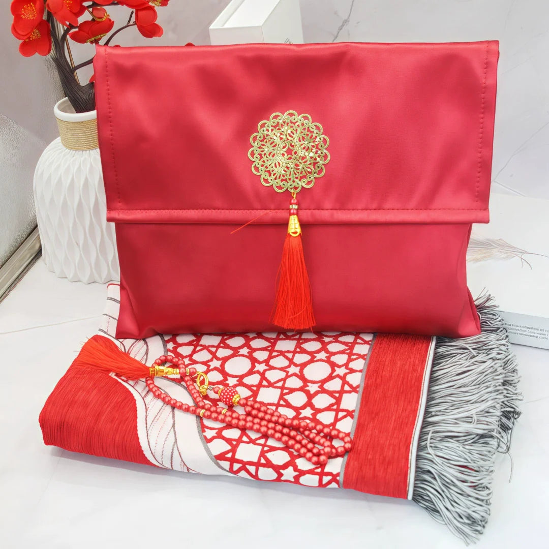 Ramadan Portable Prayer Rug with Fabric Bag - E Red