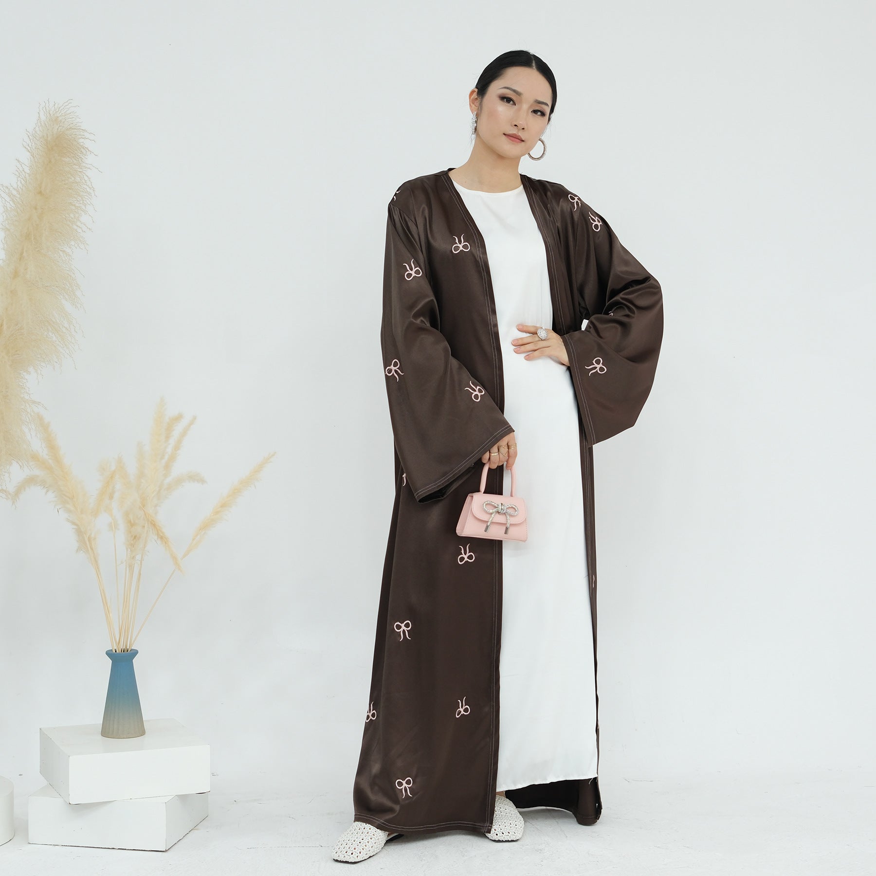 Bow Embroidery Open Abaya