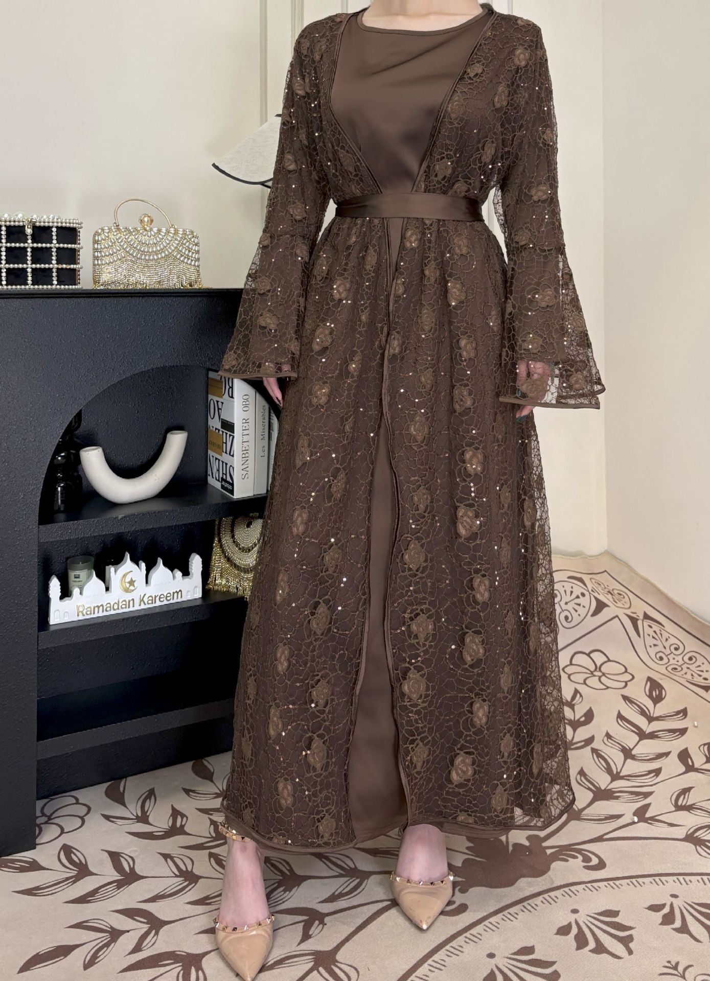2 Pcs Rose Lace Loose Abaya