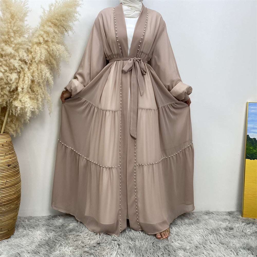 Tulle Nail Bead Chiffon Open Abaya
