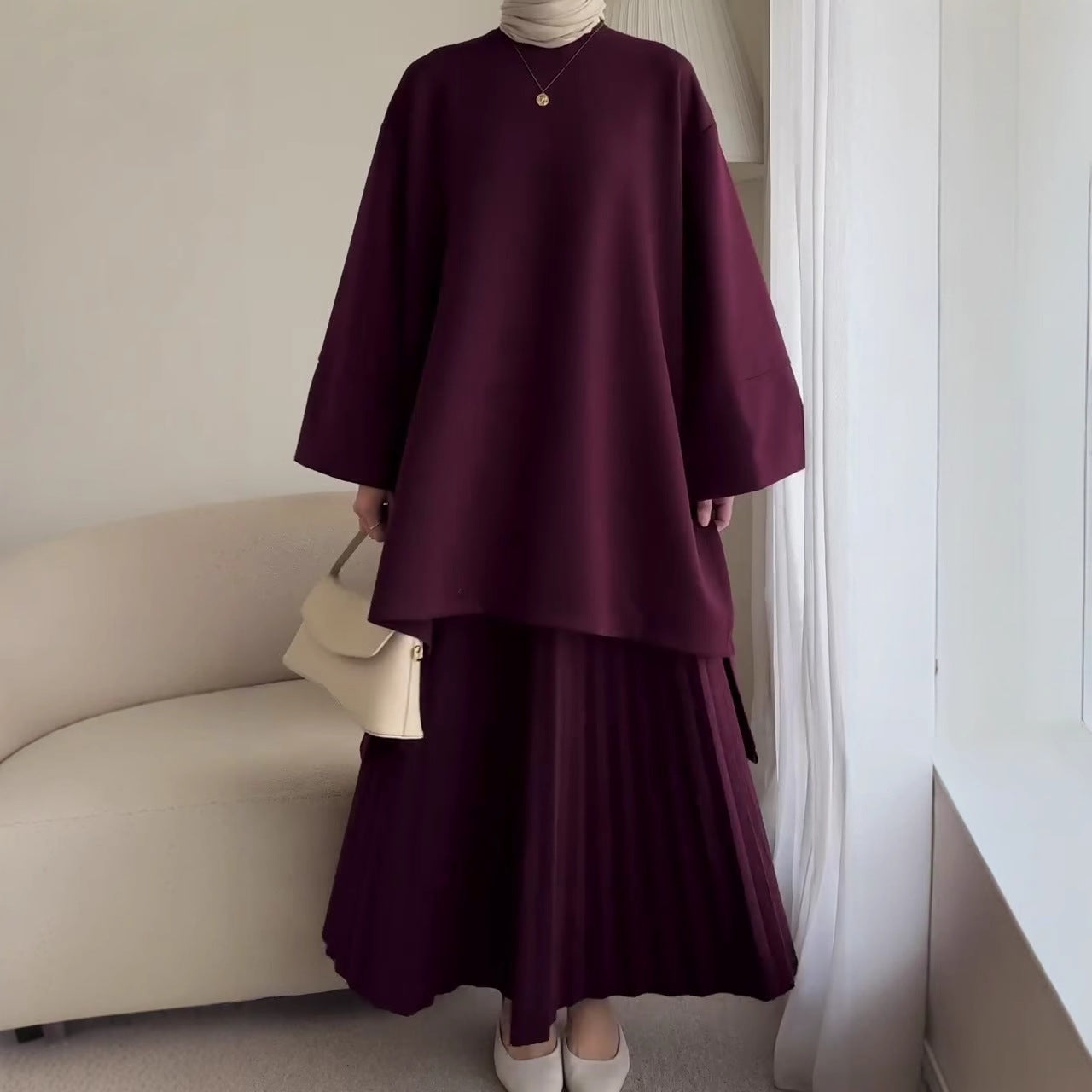 Round Neck Top & Pleated Skirt Set
