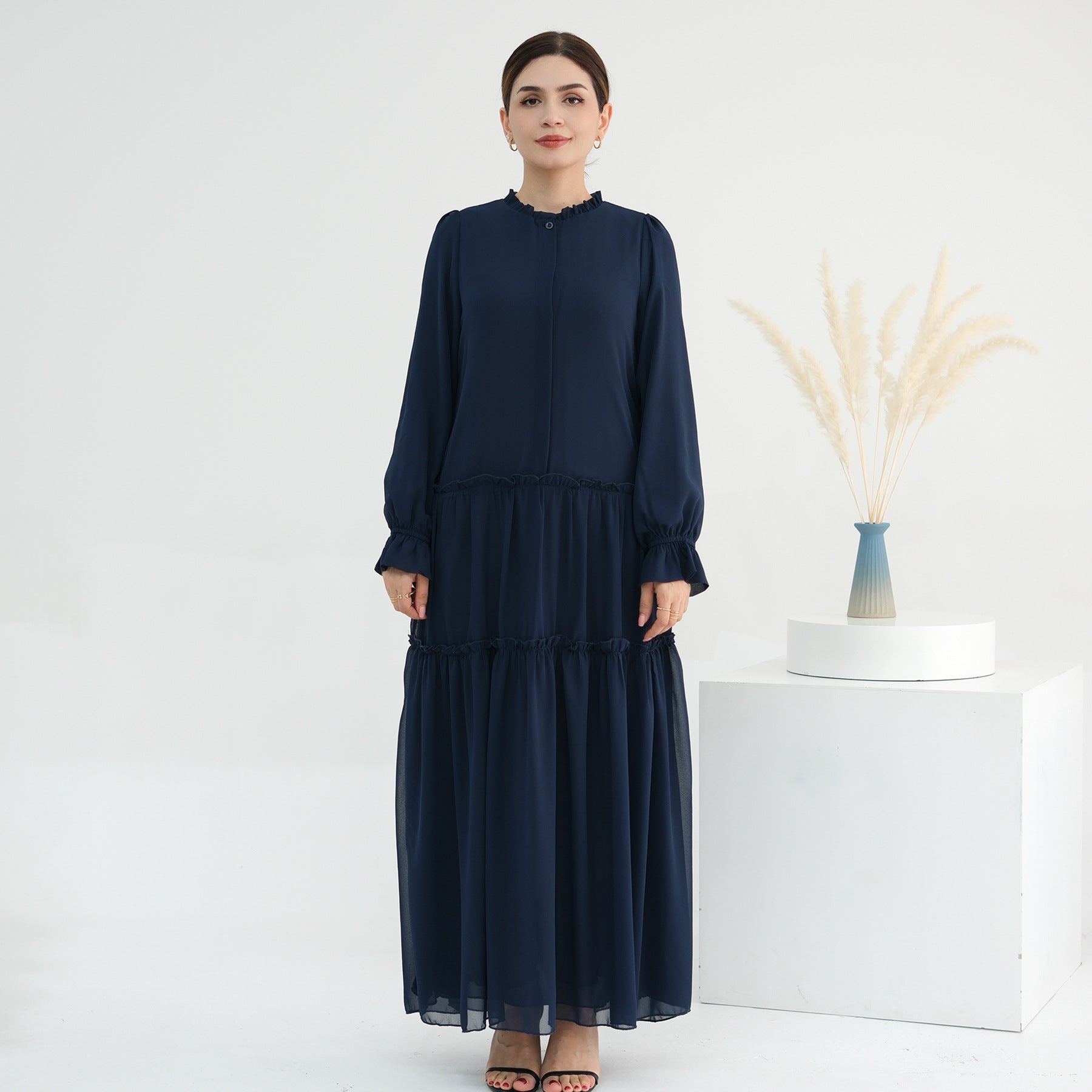 Solid Color Light Flared Sleeve Dress Hijab Set