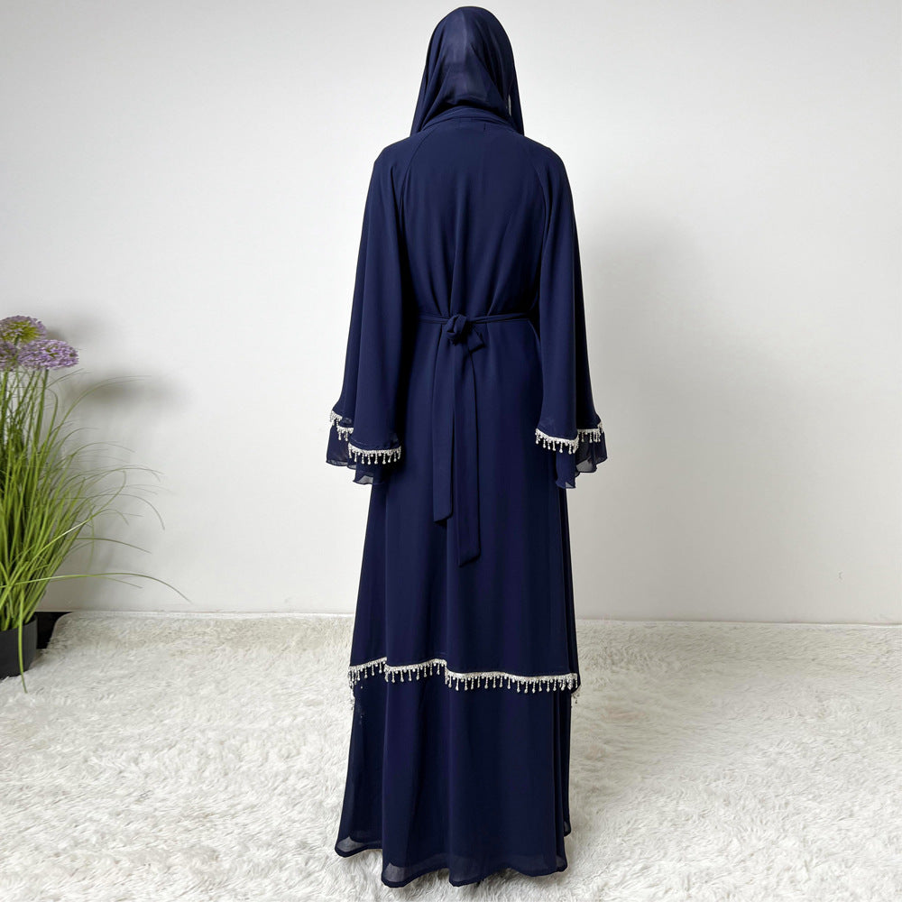Chiffon Rhinestone Trumpet Sleeve Abaya Set