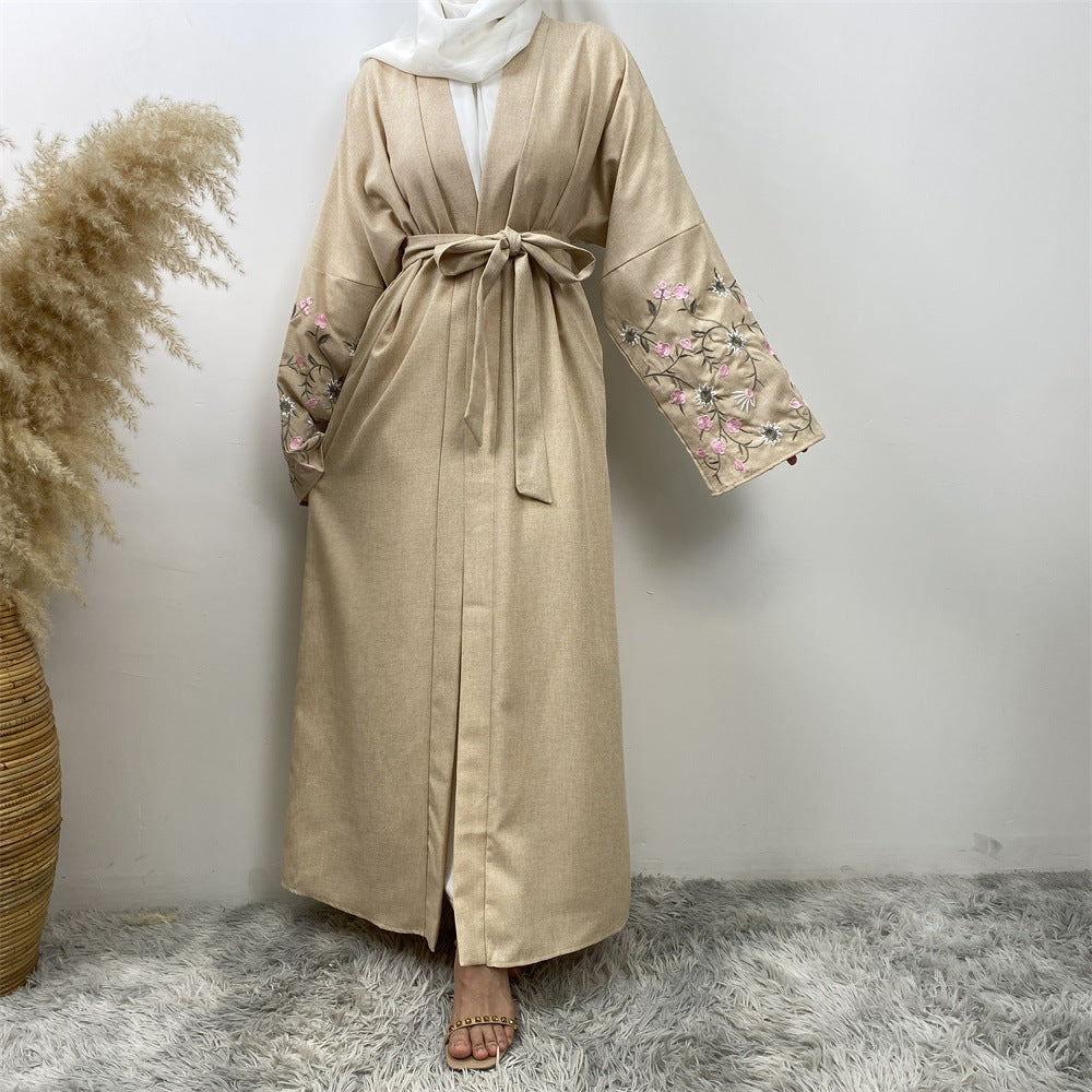Peach Blossom Cotton Hemp Embroidery Abaya