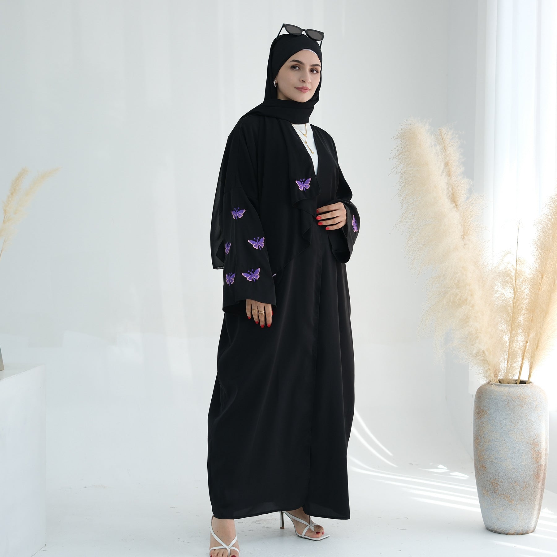 Embroidered Butterfly Print Kaftan with Hijab