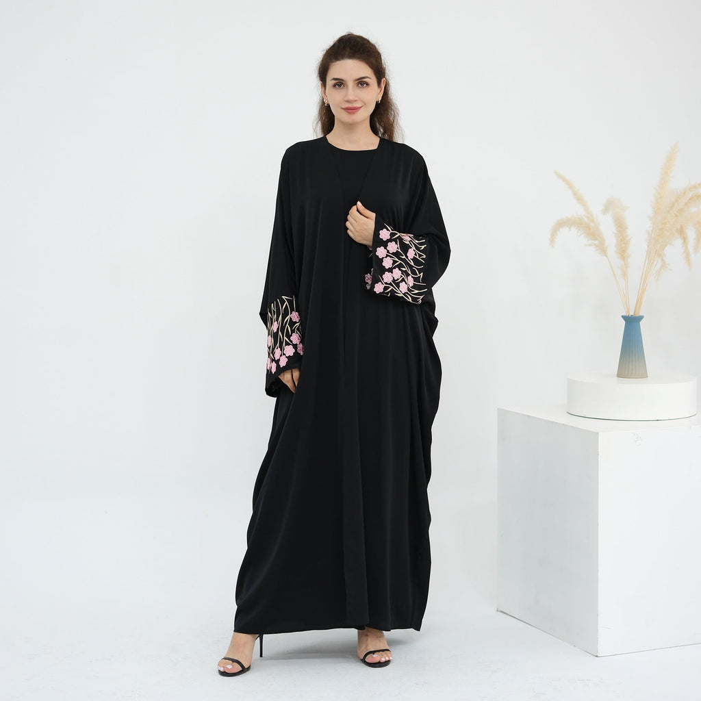 Flower Embroidery Cardigan Abaya with Hijab