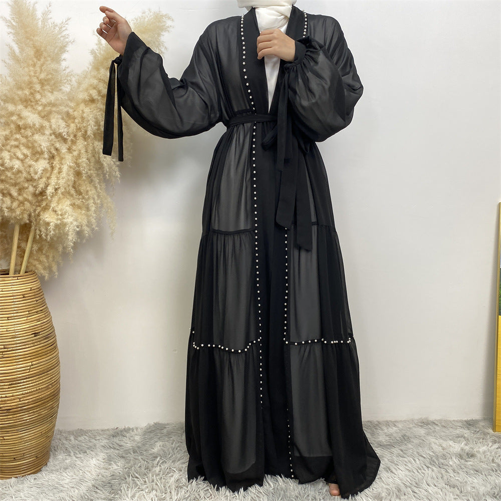 Tulle Nail Bead Chiffon Open Abaya
