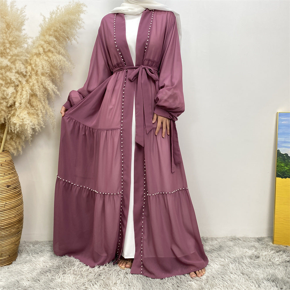 Tulle Nail Bead Chiffon Open Abaya
