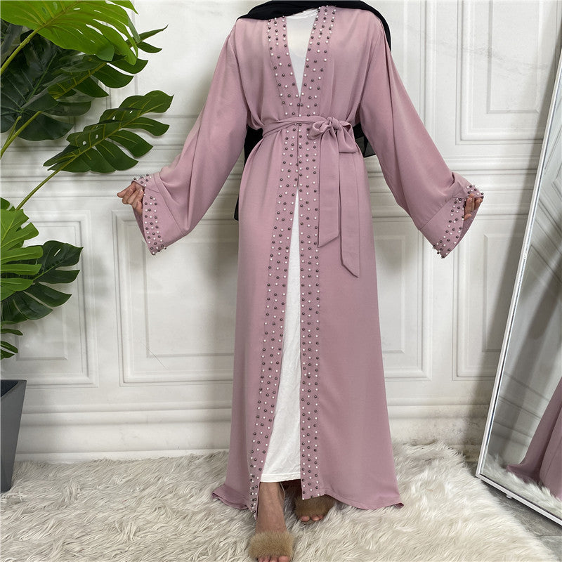 Elegant Pure Color Bead Strap Open Abaya