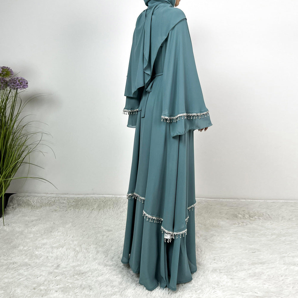 Chiffon Rhinestone Trumpet Sleeve Abaya Set