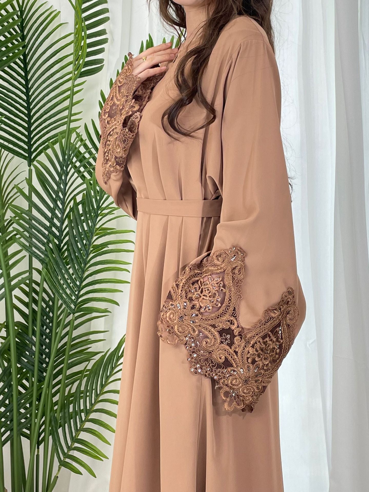 Solid Color Floral Lace Abaya