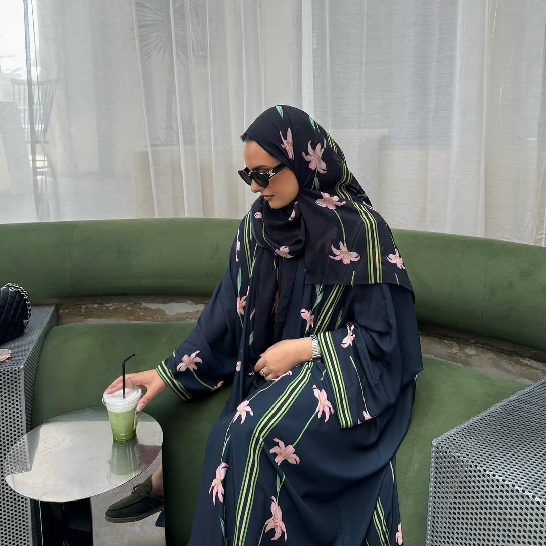 Black Floral Print Open Abaya