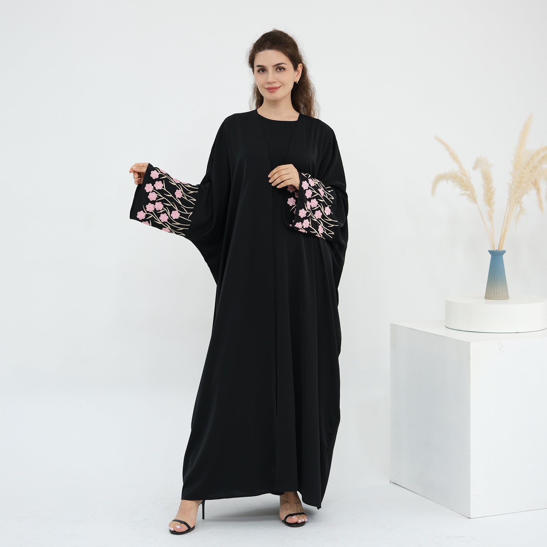 Flower Embroidery Cardigan Abaya with Hijab