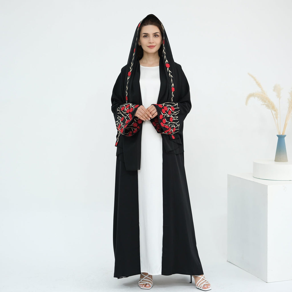 Flower Embroidery Cardigan Abaya with Hijab