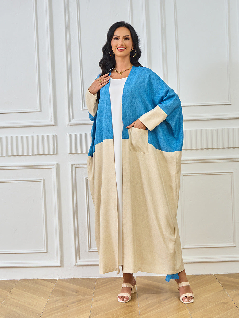 Blue and Beige Color-block Abayas