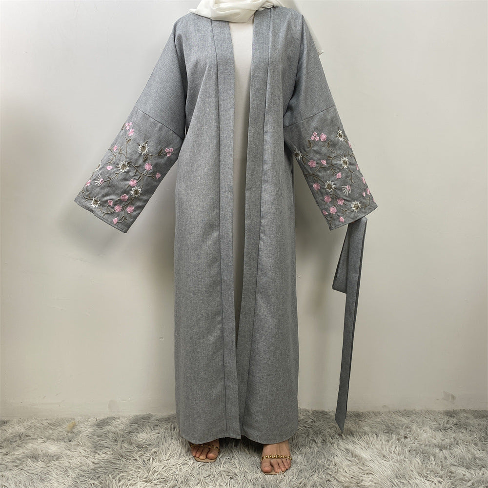 Peach Blossom Cotton Hemp Embroidery Abaya