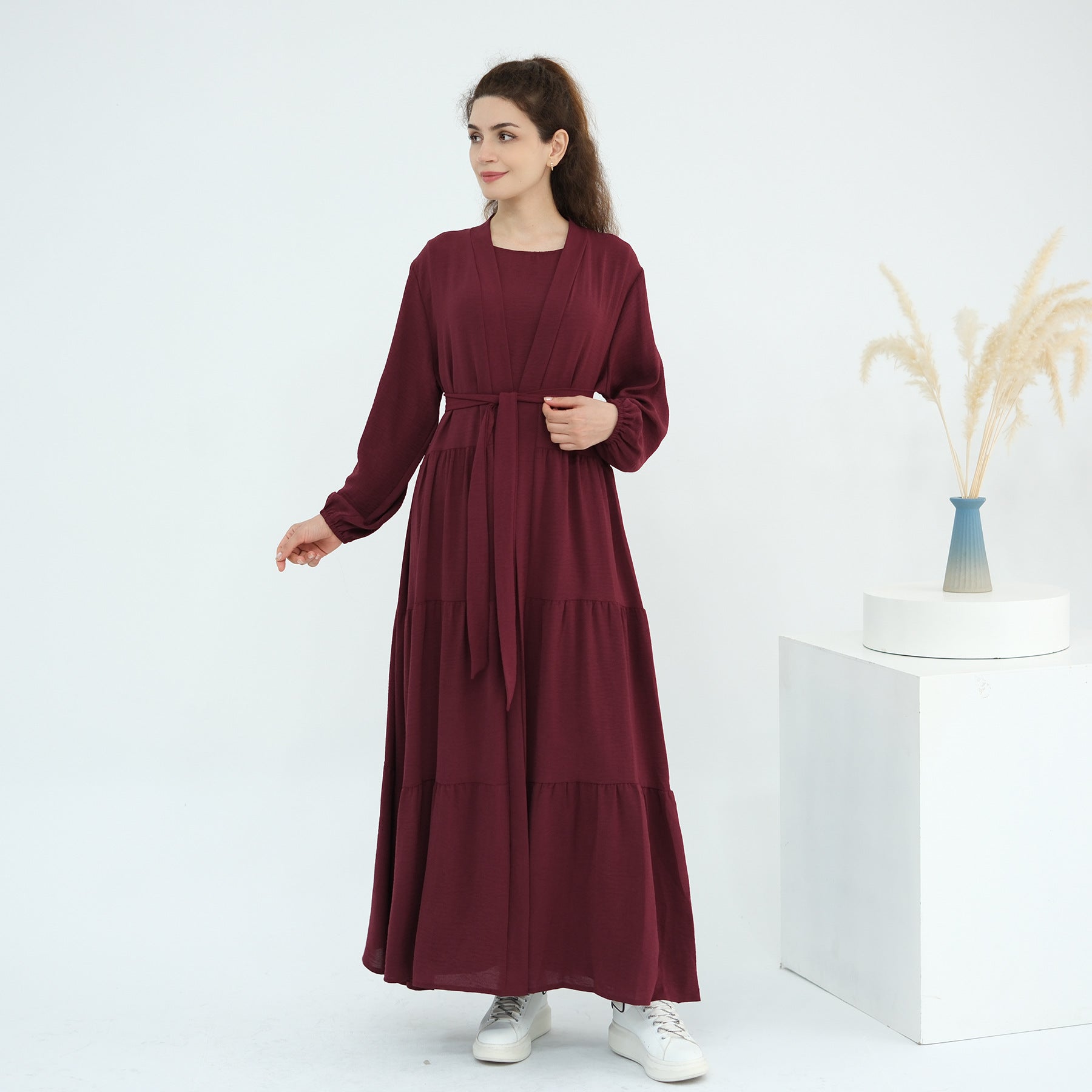 Solid Color Ruffled Two-Piece Abaya