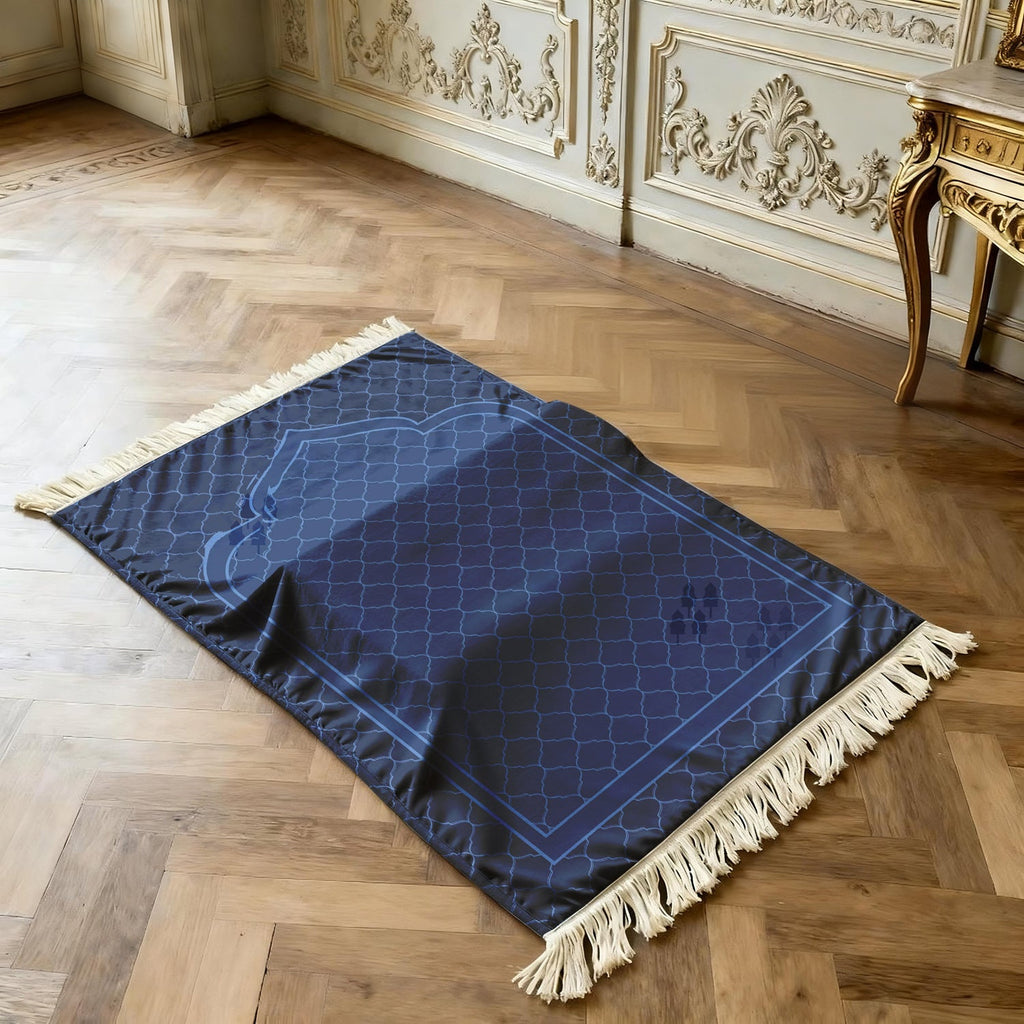 Extra Thick Plush Prayer Rug with Knee Cushion - Navy Blue