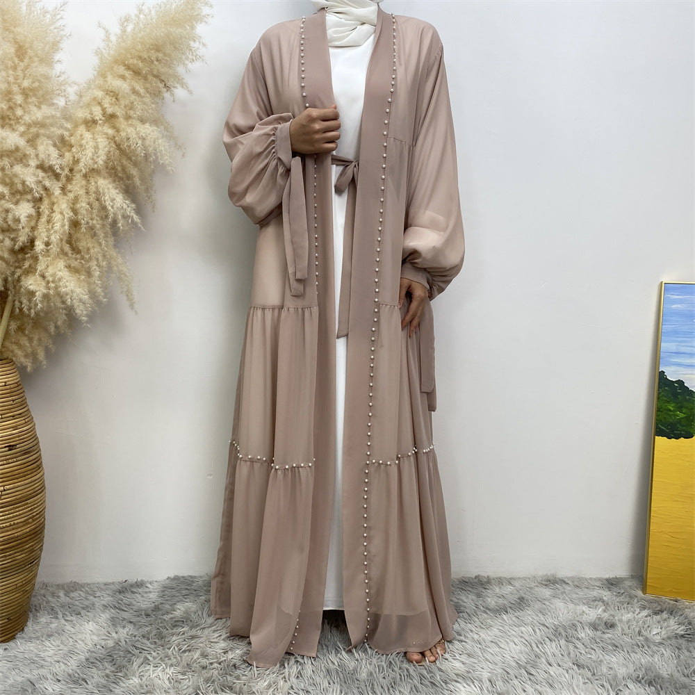 Tulle Nail Bead Chiffon Open Abaya