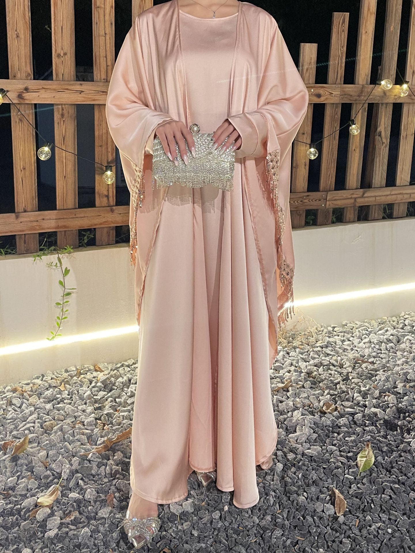 Butterfly Satin Abaya Set 2 Pieces With Inner Dress