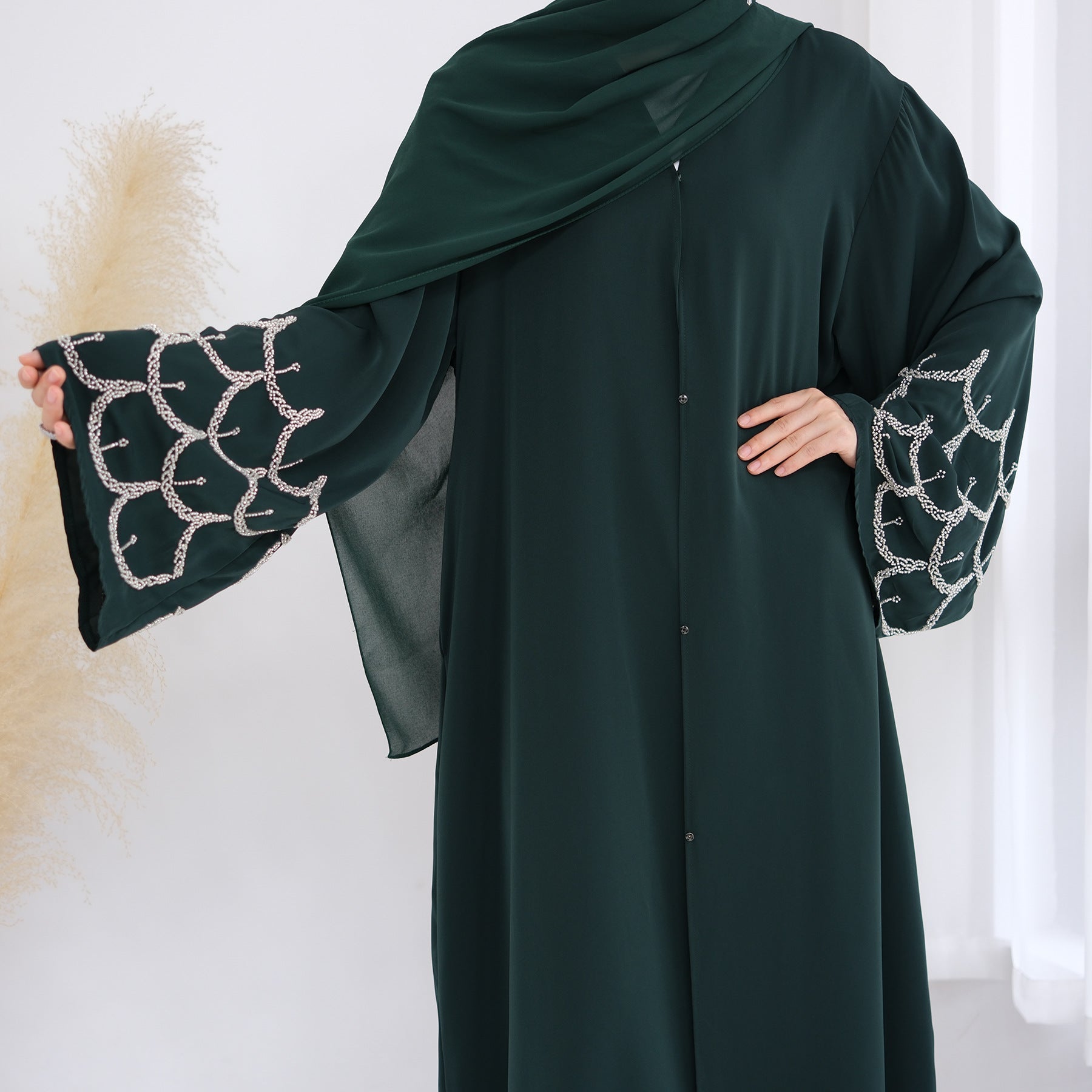 Solid Color Beaded Embroidered Cardigan Abaya