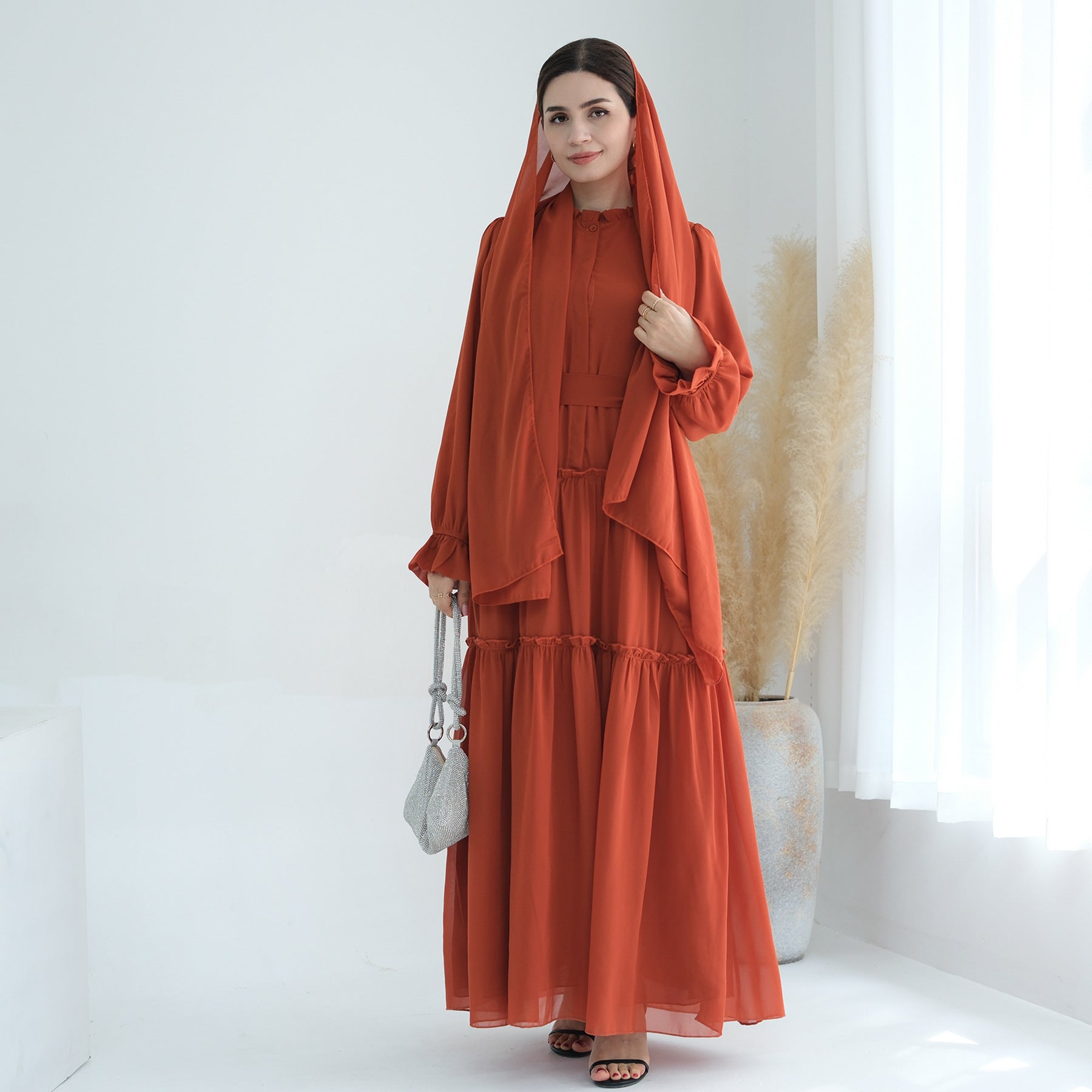 Solid Color Light Flared Sleeve Dress Hijab Set