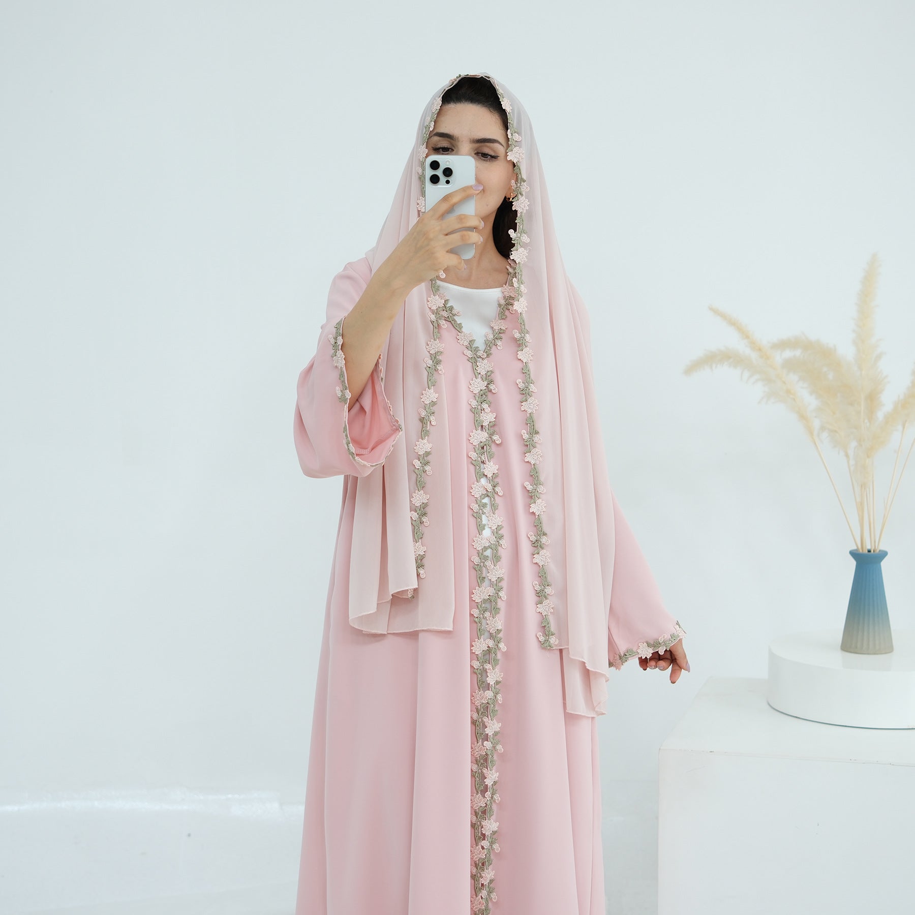 Solid Color Embroidered Flower 2PCS Abaya
