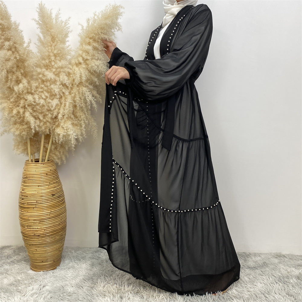 Tulle Nail Bead Chiffon Open Abaya