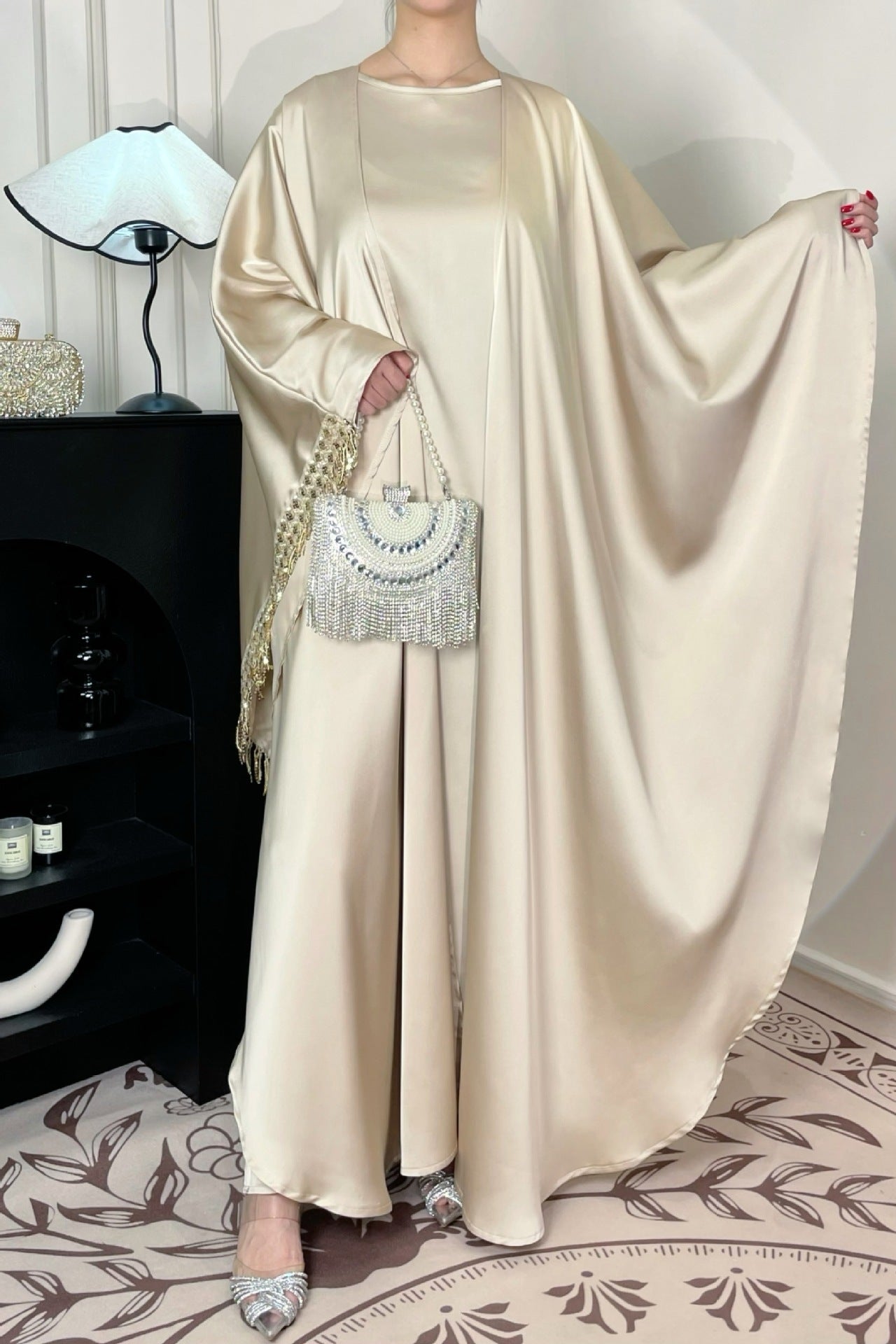 Butterfly Satin Abaya Set 2 Pieces With Inner Dress