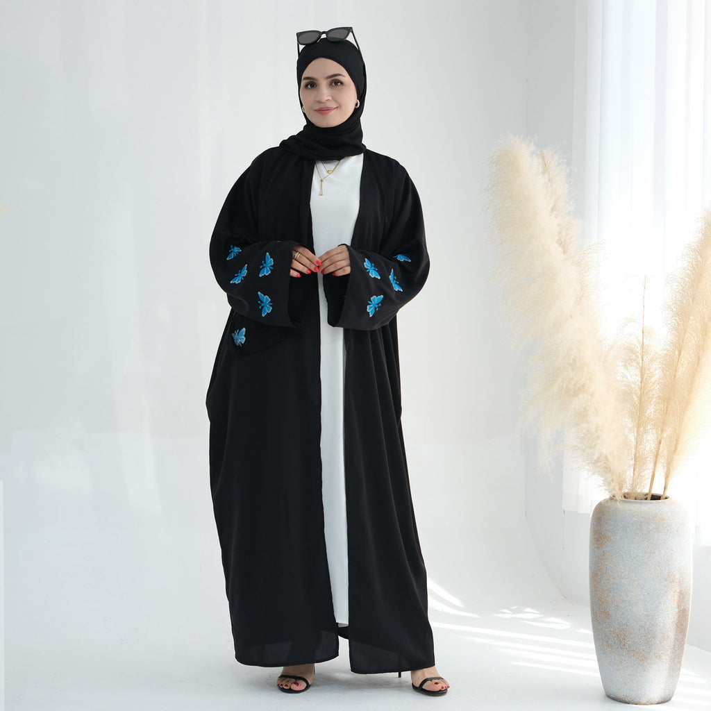 Embroidered Butterfly Print Kaftan with Hijab