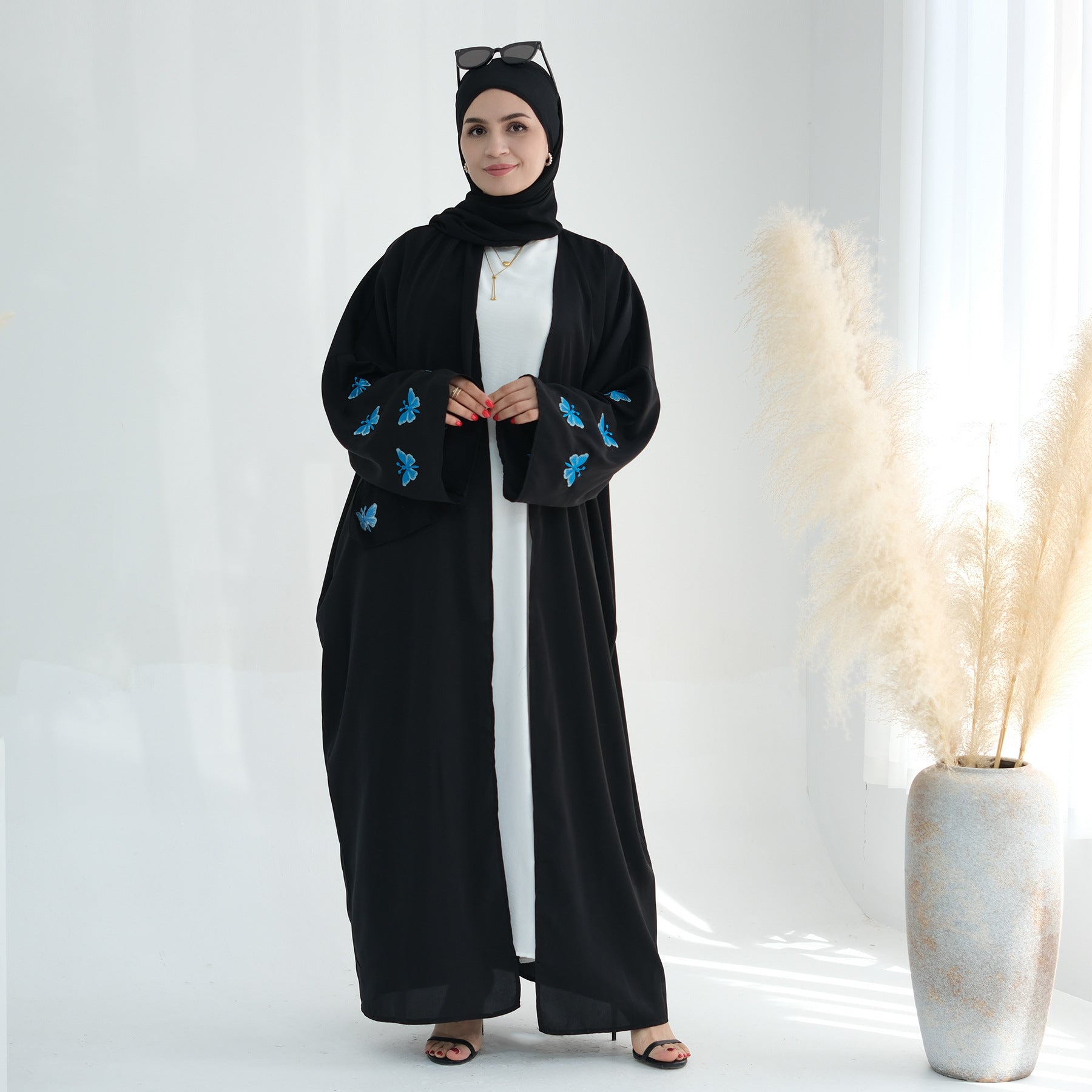 Embroidered Butterfly Print Kaftan with Hijab