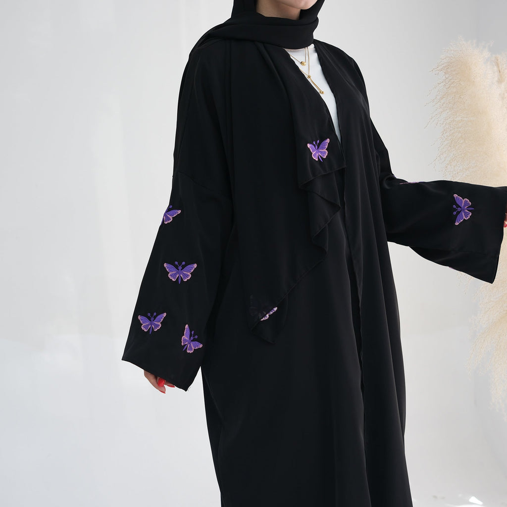 Embroidered Butterfly Print Kaftan with Hijab