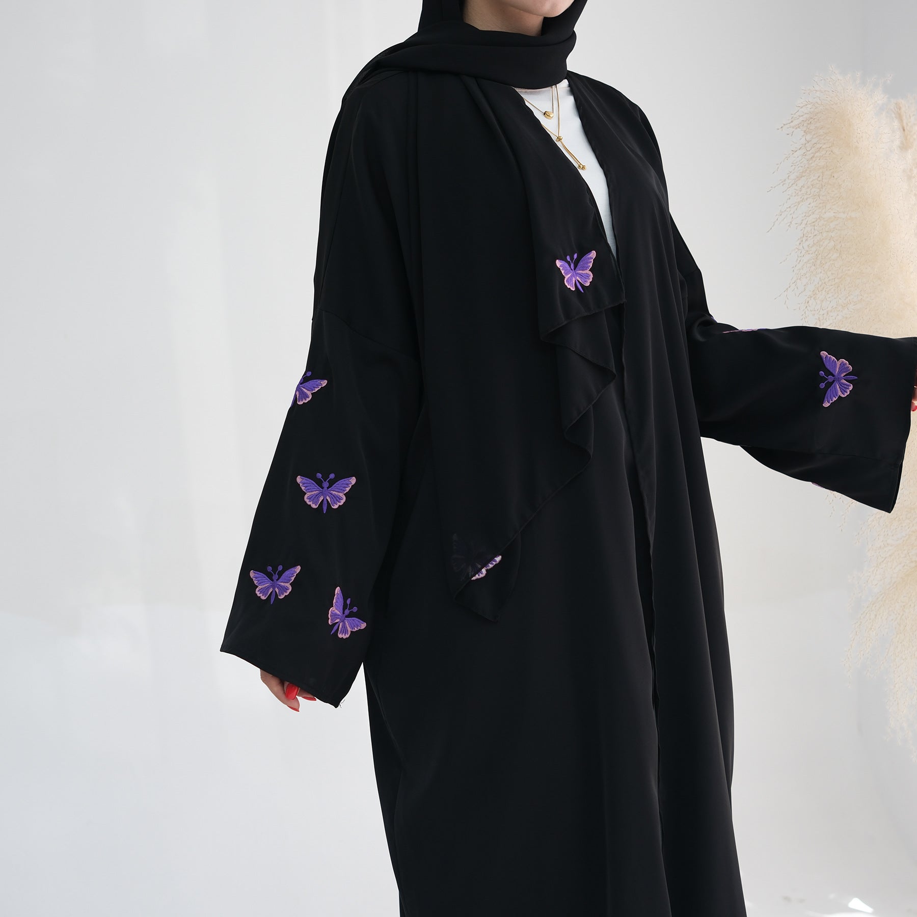 Embroidered Butterfly Print Kaftan with Hijab