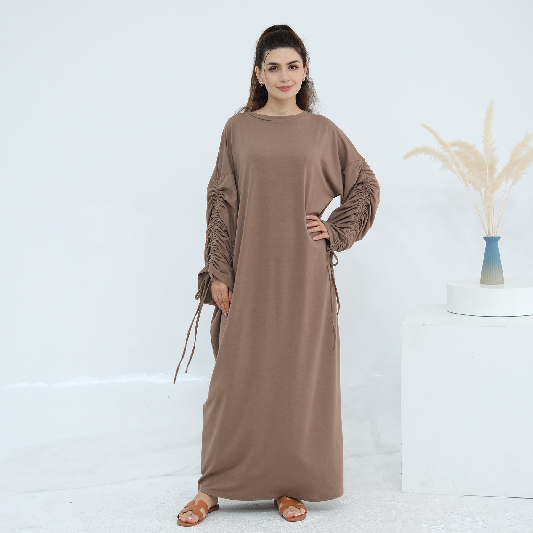 Solid Color Dress with Drawstring Cuffs Abaya