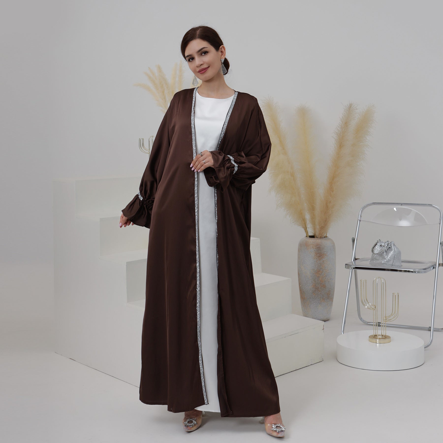 Satin Open Abaya With Belt